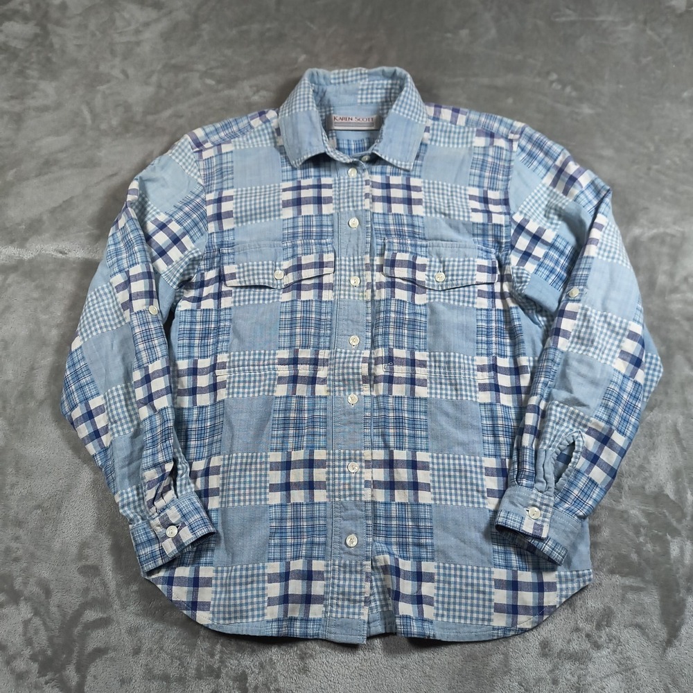 Karen Scott Button Up Shirt Womens Medium Blue Patchwork Plaid Cottagecore Boho